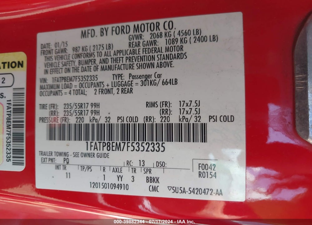 2015 FORD MUSTANG V6 VIN: 1FATP8EM7F5352335