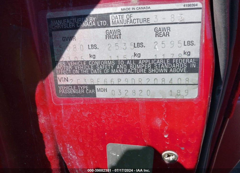 1983 CHRYSLER NEW YORKER FIFTH AVENUE VIN: 2C3BF66P9DR208408