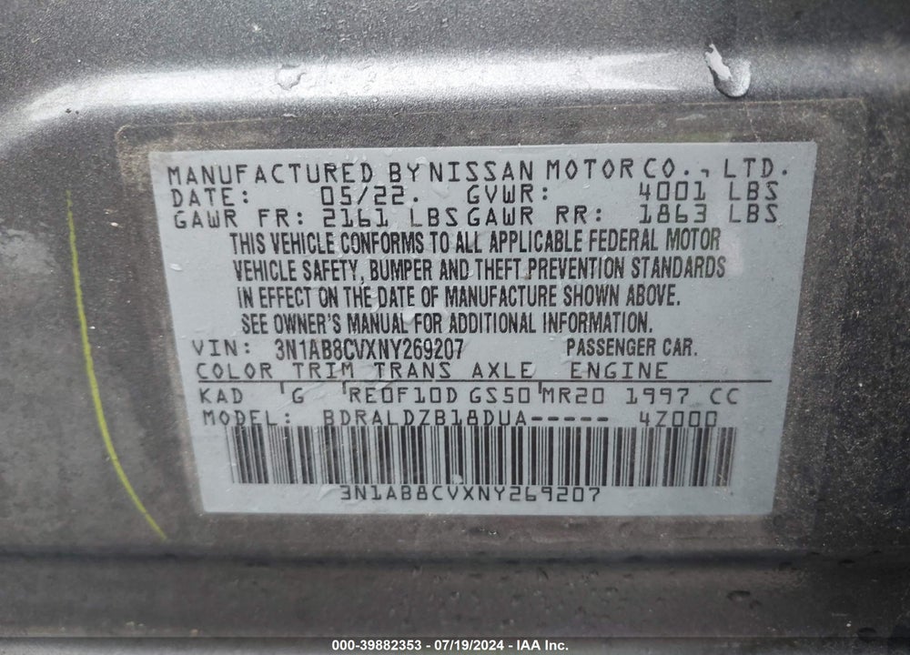 2022 NISSAN SENTRA SV XTRONIC CVT VIN: 3N1AB8CVXNY269207