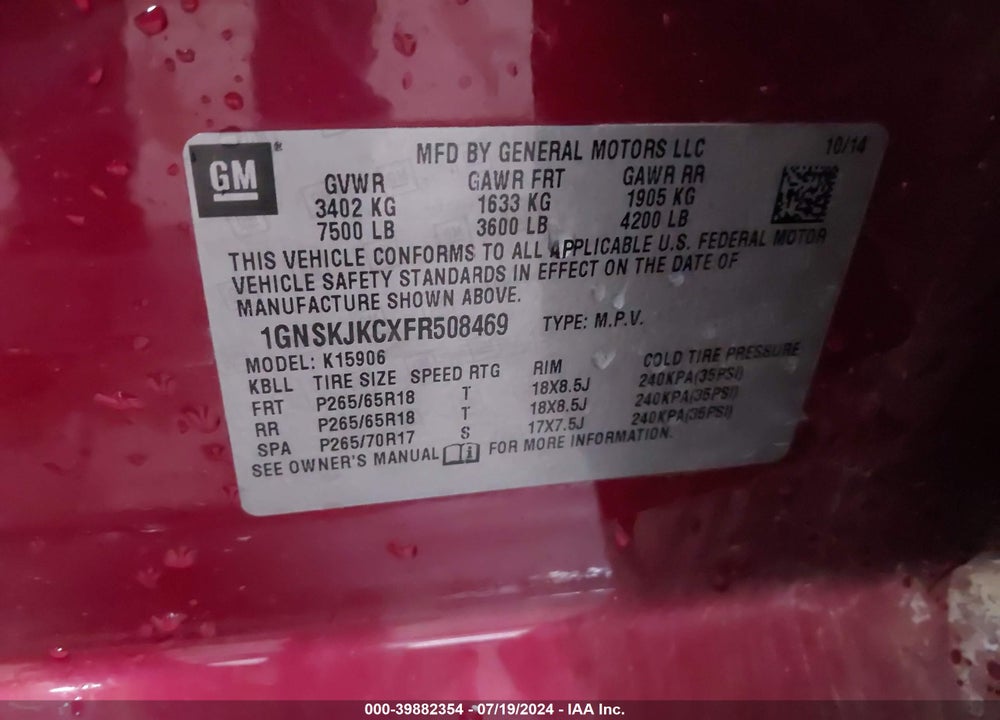 2015 CHEVROLET SUBURBAN 1500 LT VIN: 1GNSKJKCXFR508469
