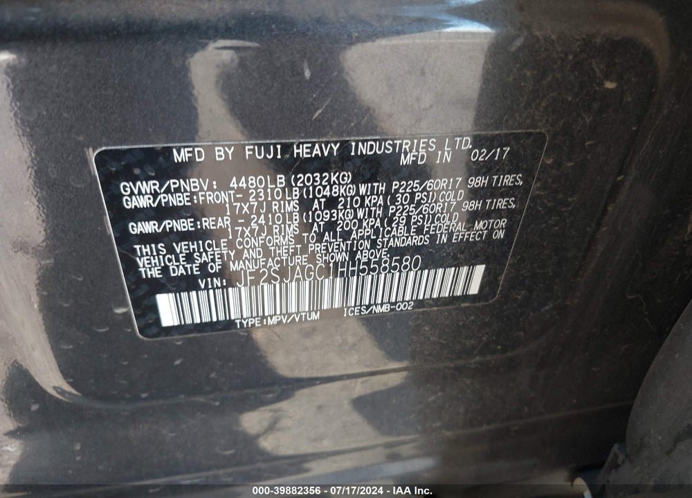 2017 SUBARU FORESTER 2.5I PREMIUM VIN: JF2SJAGC1HH558580