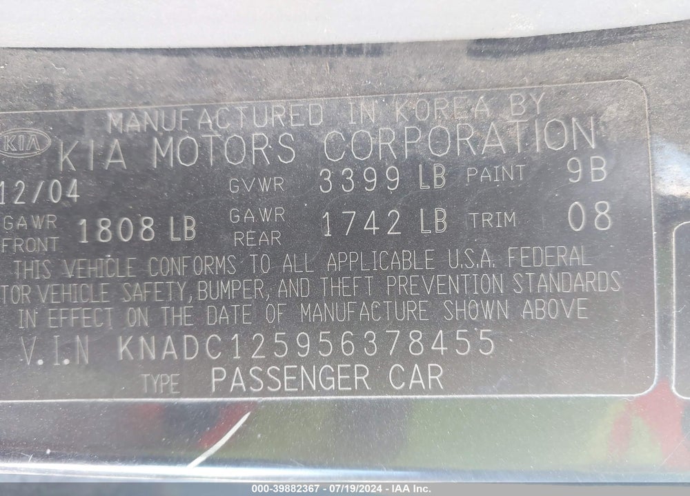 2005 KIA RIO VIN: KNADC125956378455
