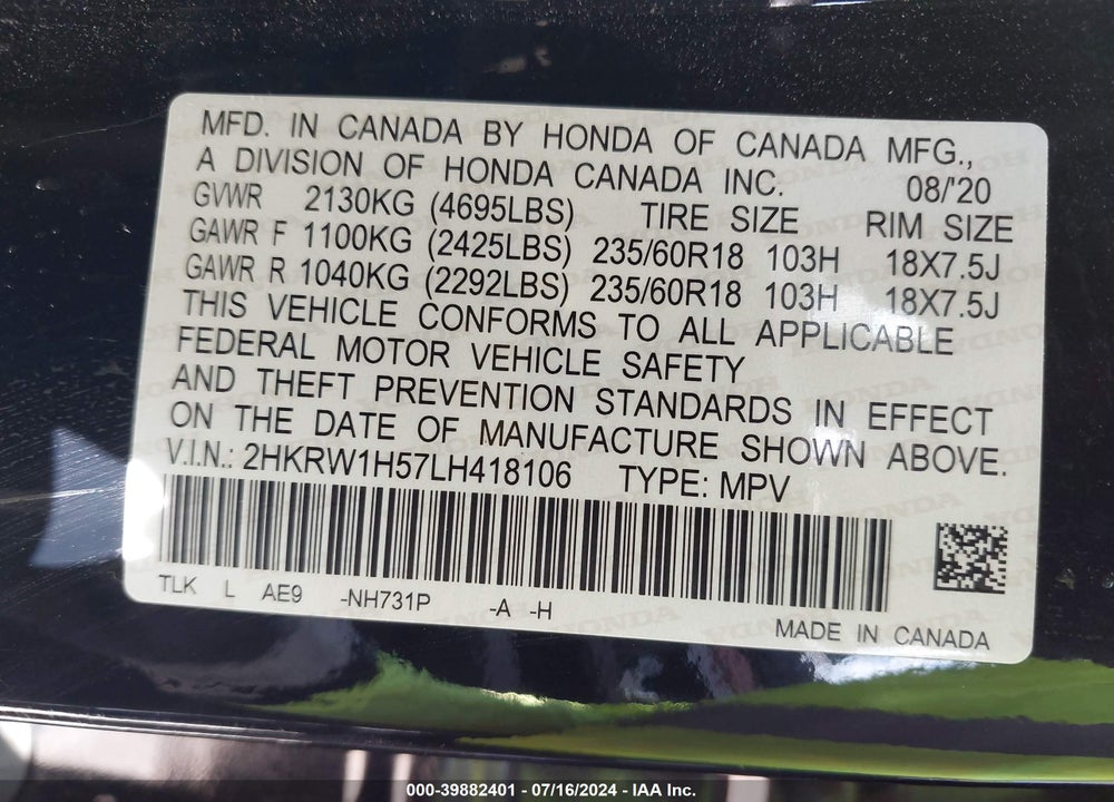2020 HONDA CR-V 2WD EX VIN: 2HKRW1H57LH418106