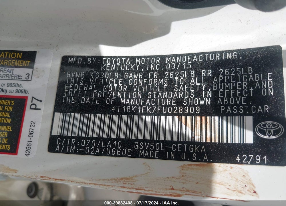 2015 TOYOTA CAMRY VIN: 4T1BK1FK7FU028909