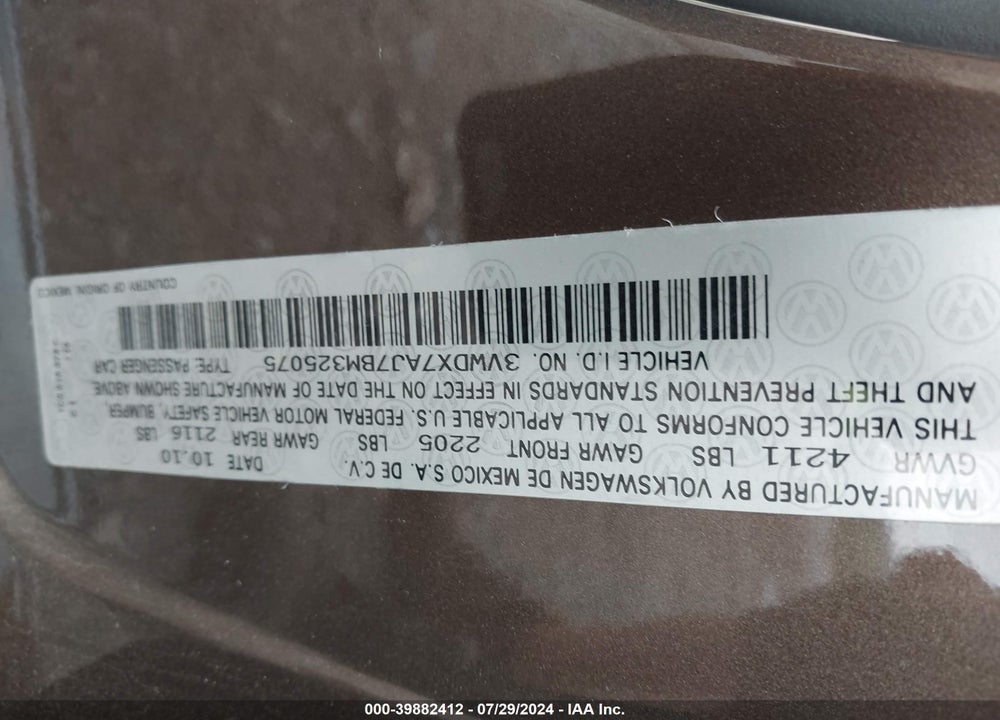 2011 VOLKSWAGEN JETTA 2.5L SE VIN: 3VWDX7AJ7BM325075