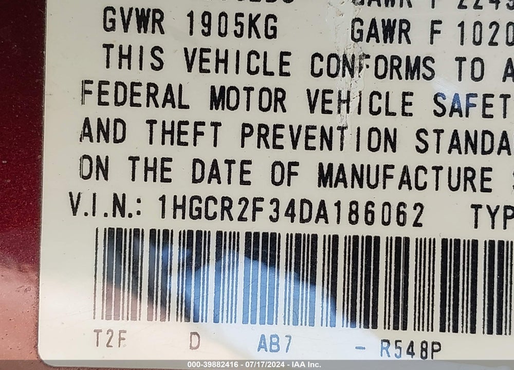 2013 HONDA ACCORD LX VIN: 1HGCR2F34DA186062