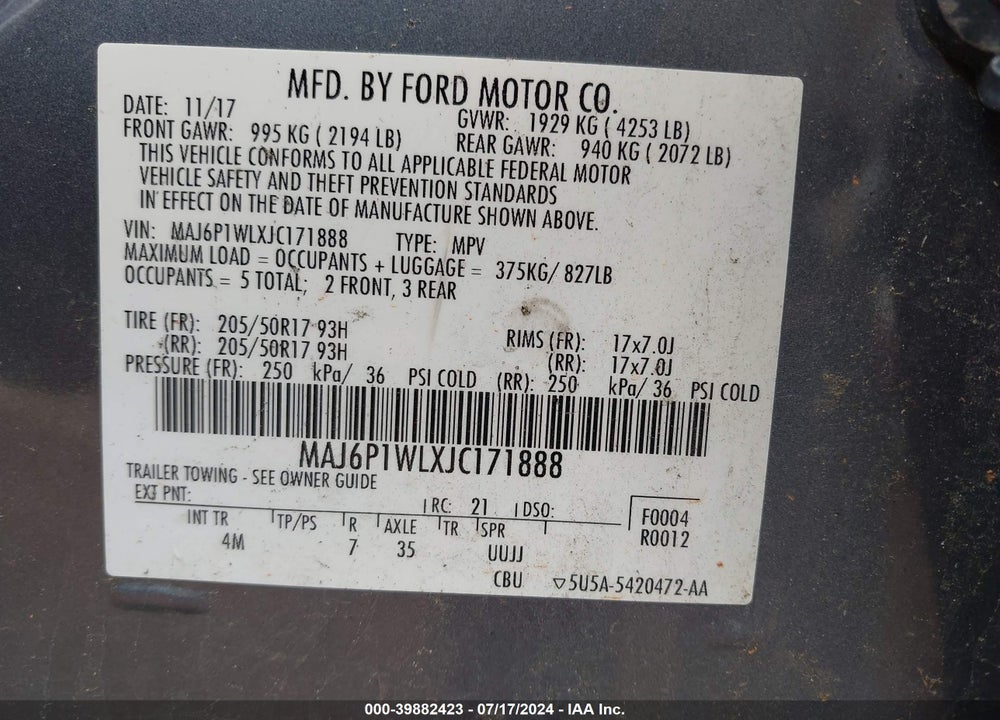 2018 FORD ECOSPORT TITANIUM VIN: MAJ6P1WLXJC171888