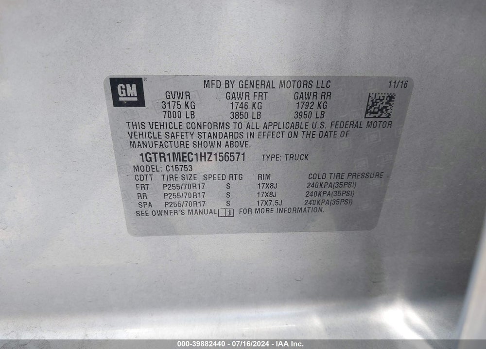 2017 GMC SIERRA 1500 SLE VIN: 1GTR1MEC1HZ156571