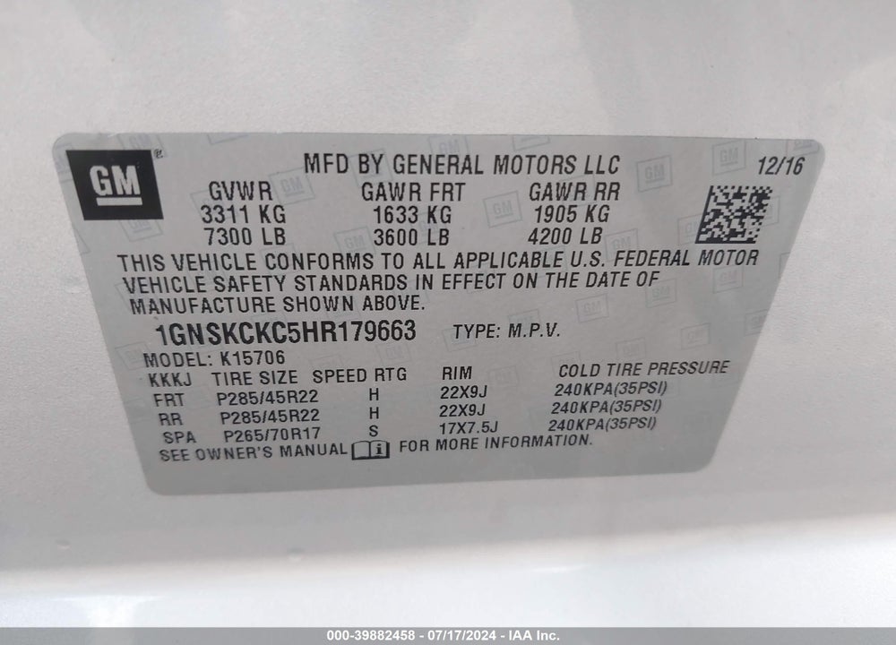 2017 CHEVROLET TAHOE PREMIER VIN: 1GNSKCKC5HR179663