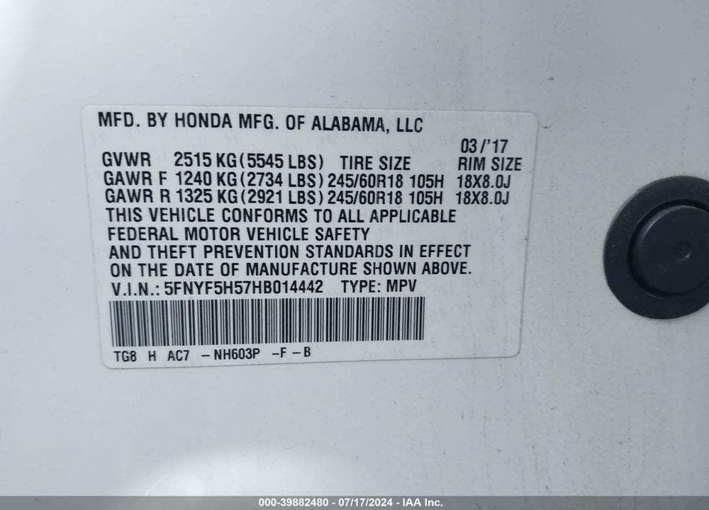 2017 HONDA PILOT EX-L VIN: 5FNYF5H57HB014442