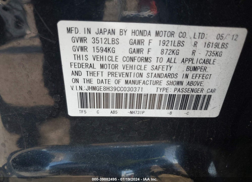 2012 HONDA FIT VIN: JHMGE8H39CC030371