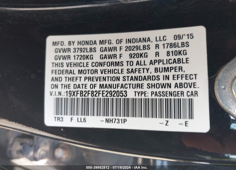 2015 HONDA CIVIC VIN: 19XFB2F82FE292053