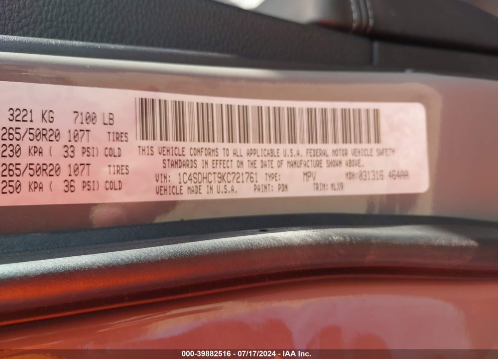 2019 DODGE DURANGO R/T RWD VIN: 1C4SDHCT9KC721761