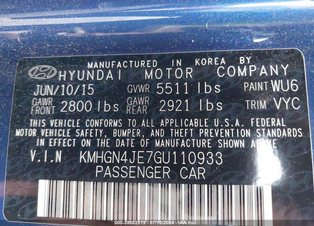 2016 HYUNDAI GENESIS 3.8 VIN: KMHGN4JE7GU110933