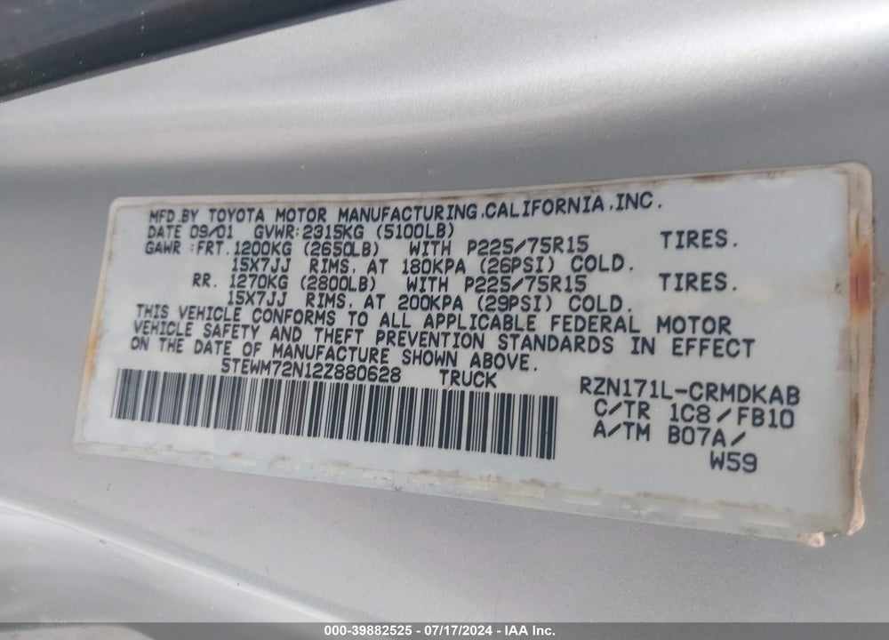 2002 TOYOTA TACOMA VIN: 5TEWM72N12Z880628