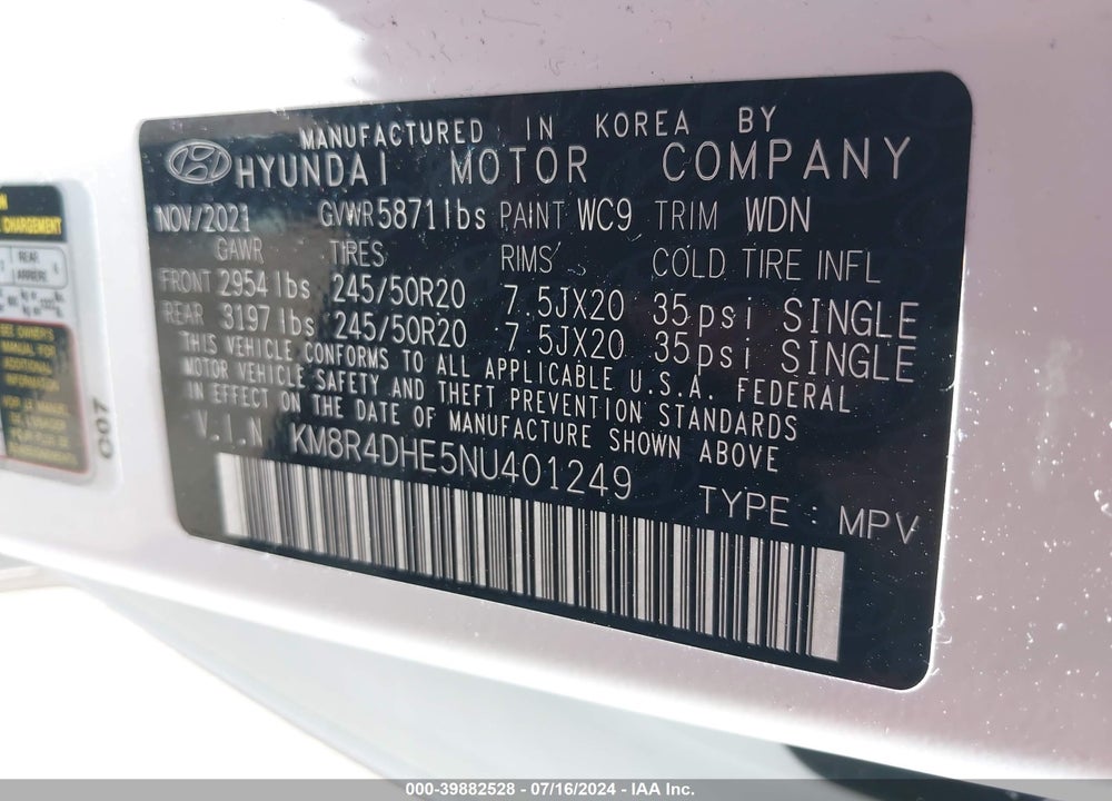 2022 HYUNDAI PALISADE VIN: KM8R4DHE5NU401249