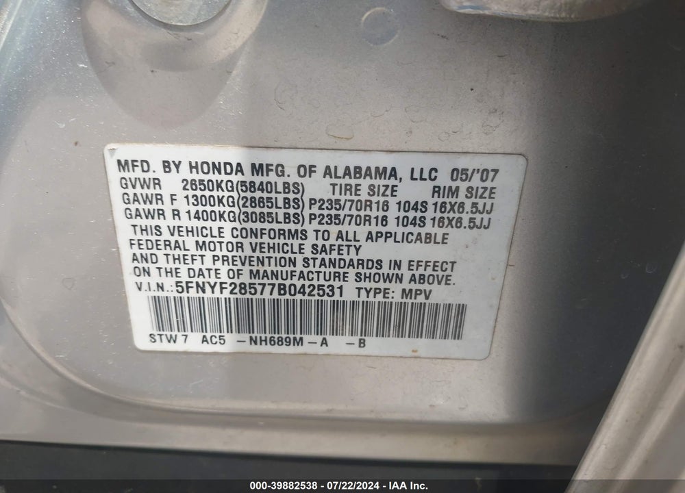 2007 HONDA PILOT EX-L VIN: 5FNYF28577B042531