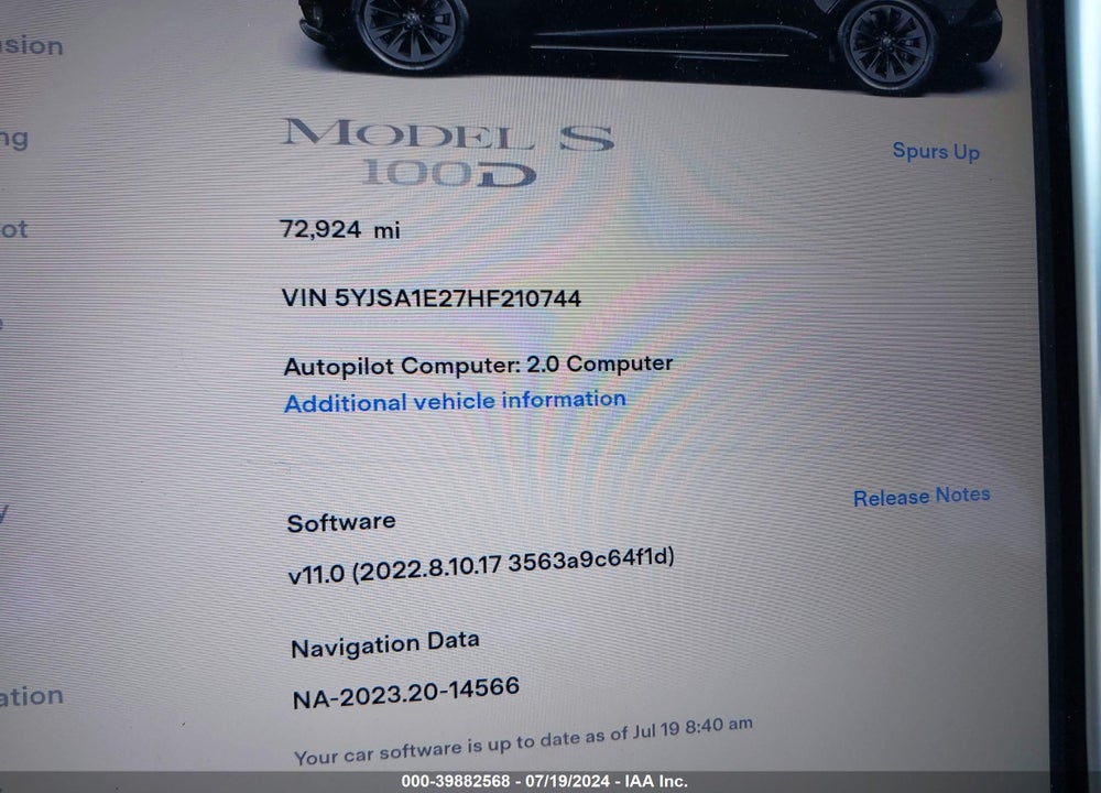 2017 TESLA MODEL S VIN: 5YJSA1E27HF210744