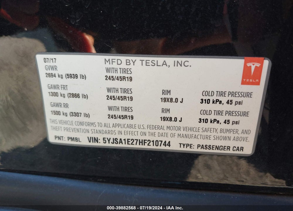 2017 TESLA MODEL S VIN: 5YJSA1E27HF210744