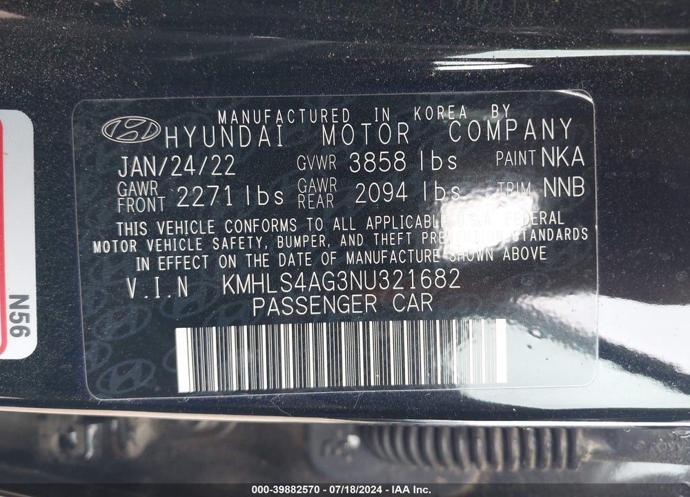 2022 HYUNDAI ELANTRA SEL VIN: KMHLS4AG3NU321682