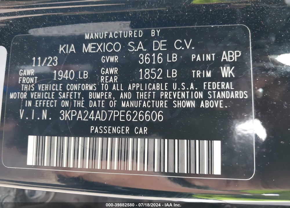 2023 KIA RIO LX VIN: 3KPA24AD7PE626606