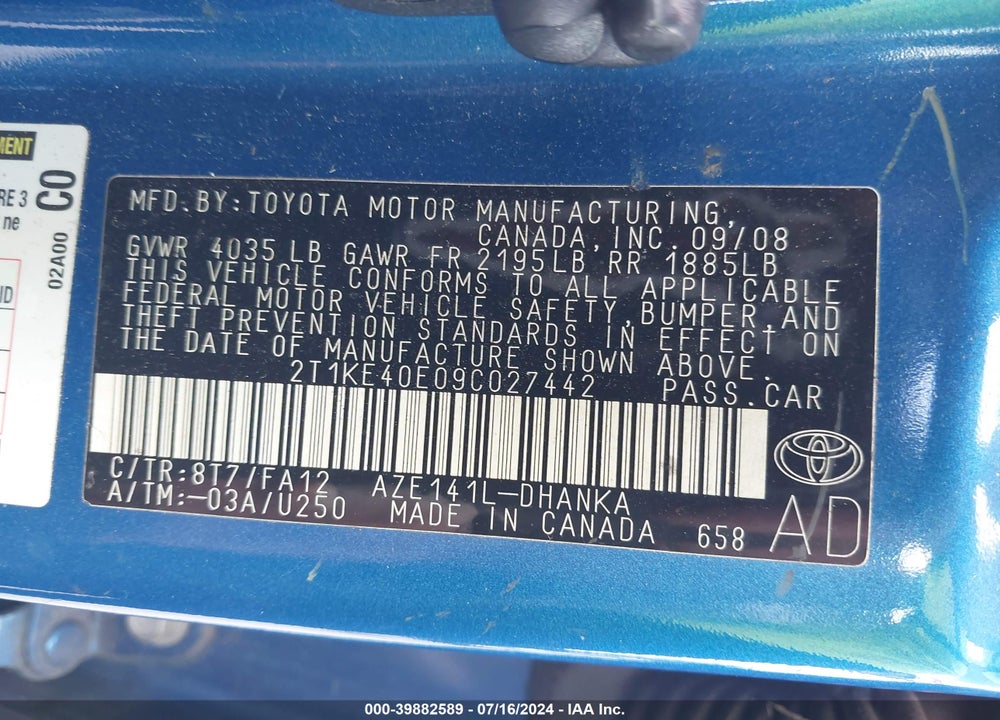 2009 TOYOTA MATRIX S VIN: 2T1KE40E09C027442