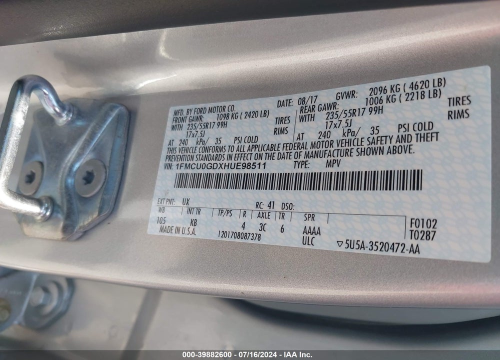 2017 FORD ESCAPE SE VIN: 1FMCU0GDXHUE98511