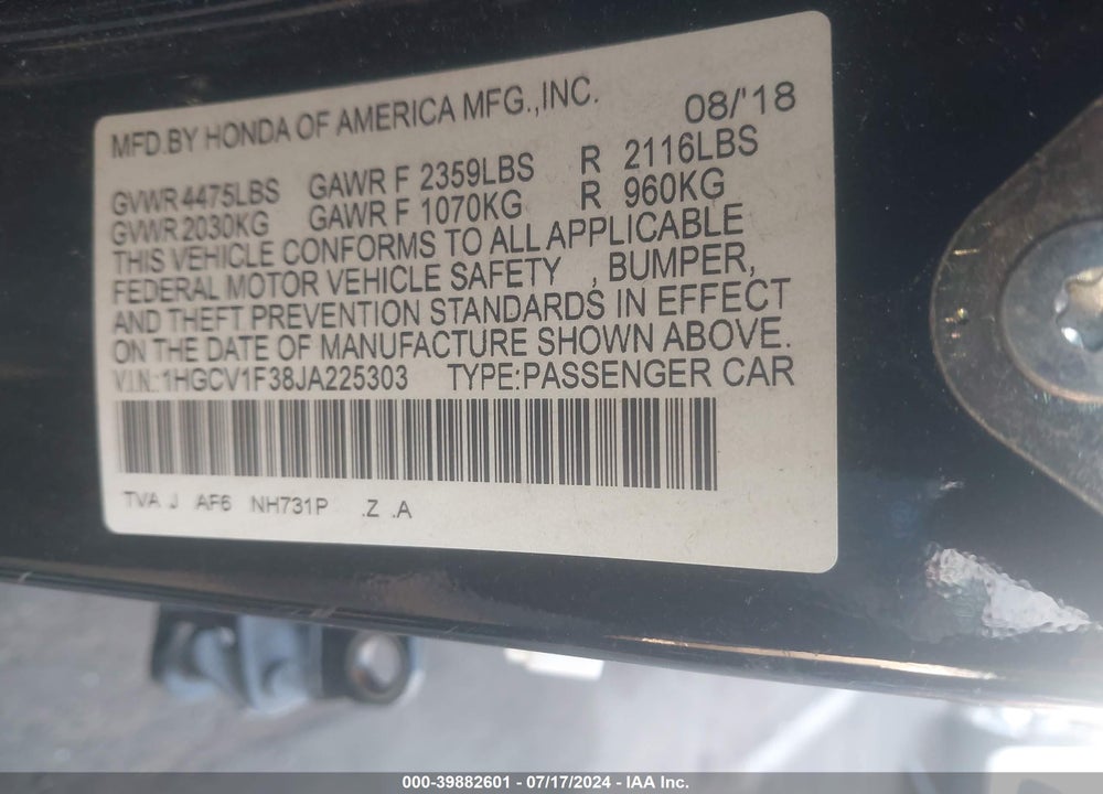 2018 HONDA ACCORD SPORT VIN: 1HGCV1F38JA225303