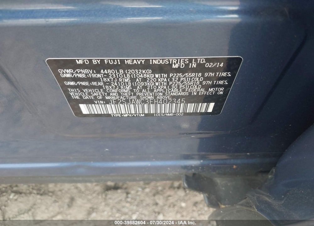 2015 SUBARU FORESTER 2.5I TOURING VIN: JF2SJAWC3FH402345