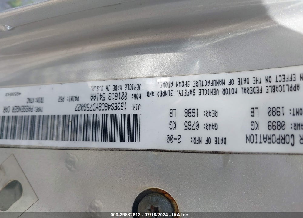 2000 DODGE NEON HIGHLINE VIN: 1B3ES46C8YD756027