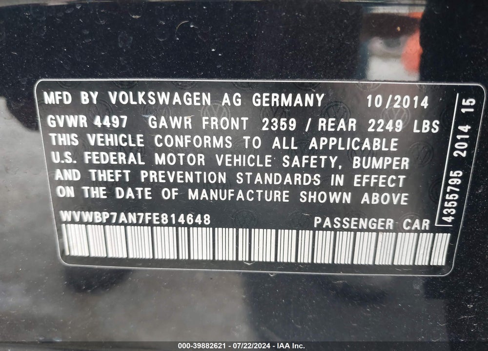 2015 VOLKSWAGEN CC 2.0T SPORT VIN: WVWBP7AN7FE814648