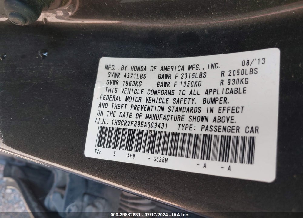 2014 HONDA ACCORD EX-L VIN: 1HGCR2F89EA003431