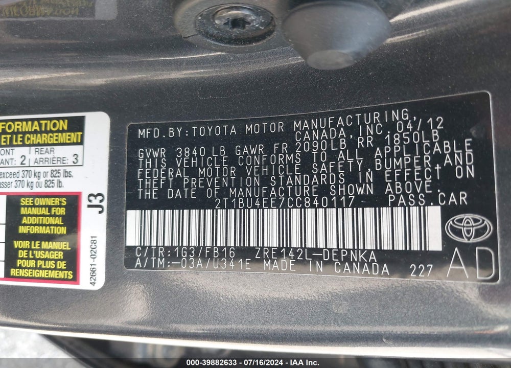 2012 TOYOTA COROLLA LE VIN: 2T1BU4EE7CC840117