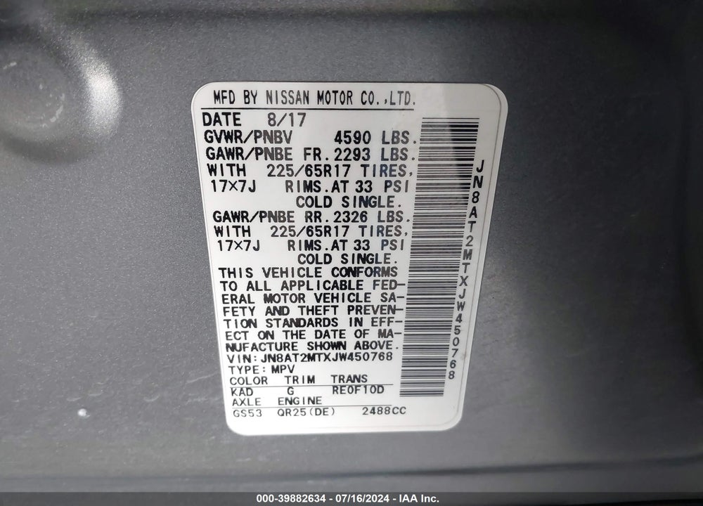 2018 NISSAN ROGUE SV VIN: JN8AT2MTXJW450768