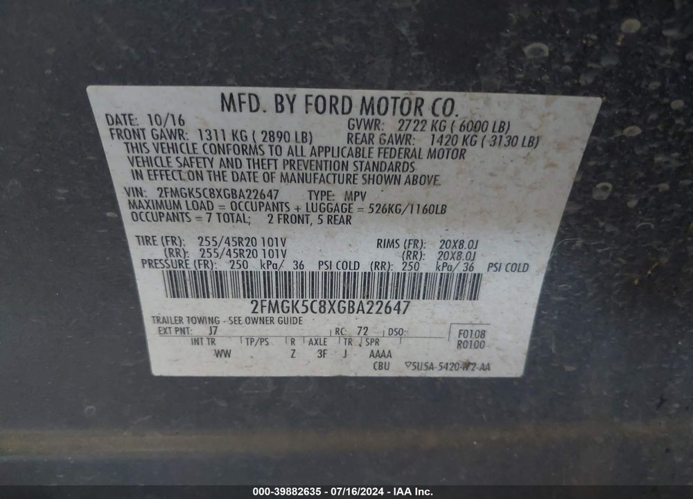 2016 FORD FLEX SEL VIN: 2FMGK5C8XGBA22647