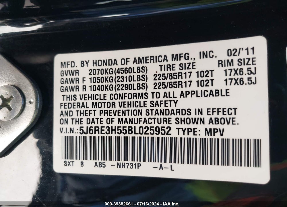 2011 HONDA CR-V EX VIN: 5J6RE3H55BL025952