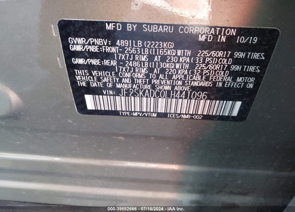 2020 SUBARU FORESTER VIN: JF2SKADC0LH441096