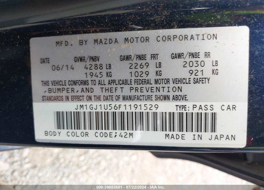 2015 MAZDA 6 I SPORT VIN: JM1GJ1U56F1191529