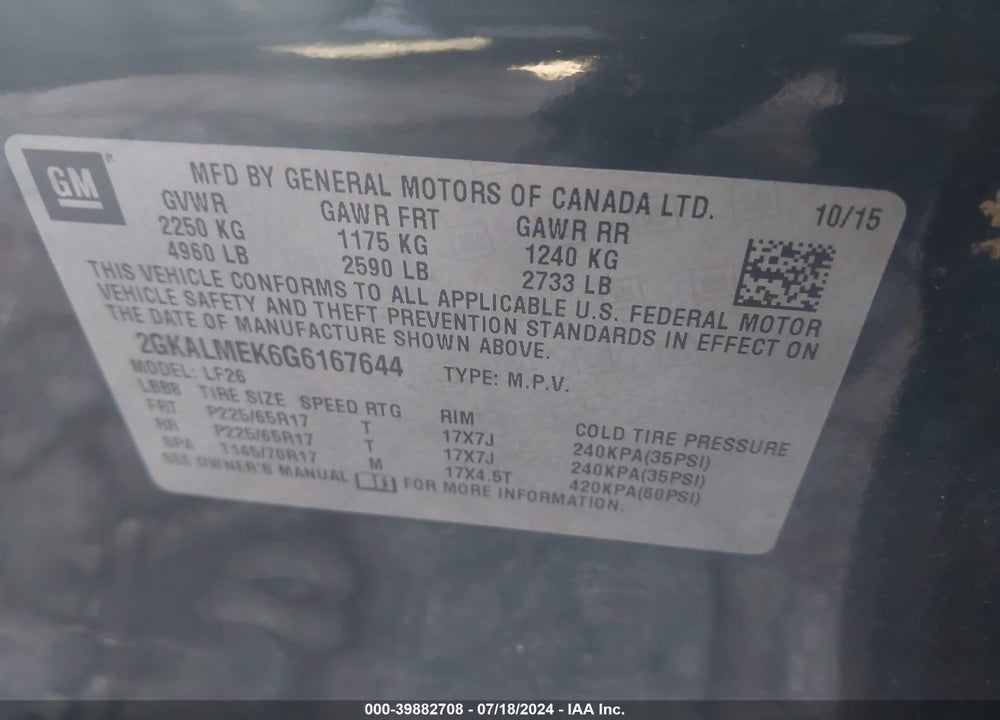 2016 GMC TERRAIN SLE-1 VIN: 2GKALMEK6G6167644