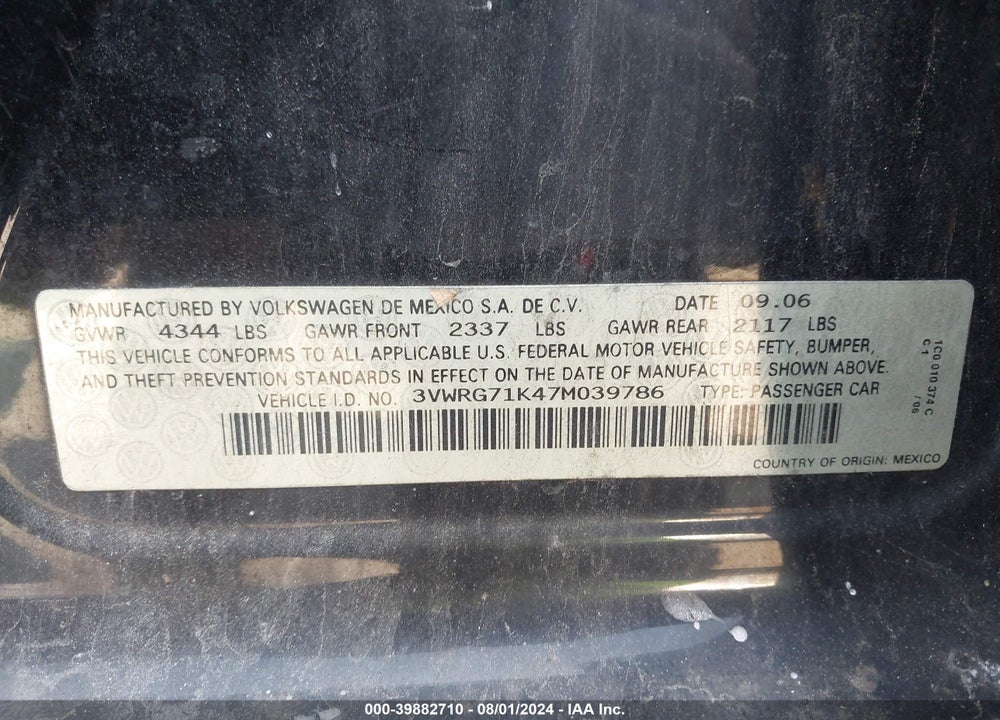 2007 VOLKSWAGEN JETTA VIN: 3VWRG71K47M039786