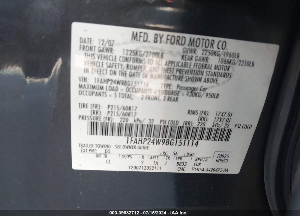 2008 FORD TAURUS SEL VIN: 1FAHP24W98G151114