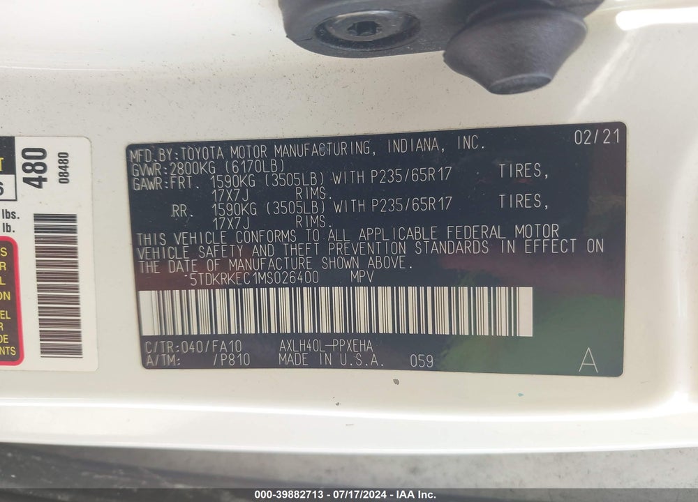 2021 TOYOTA SIENNA LE VIN: 5TDKRKEC1MS026400