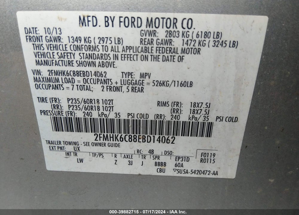 2014 FORD FLEX SEL VIN: 2FMHK6C88EBD14062