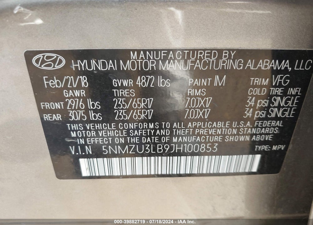 2018 HYUNDAI SANTA FE SPORT 2.4L VIN: 5NMZU3LB9JH100853