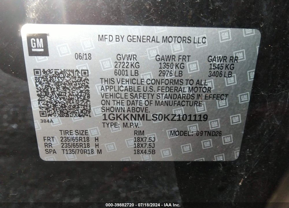 2019 GMC ACADIA VIN: 1GKKNMLS0KZ101119