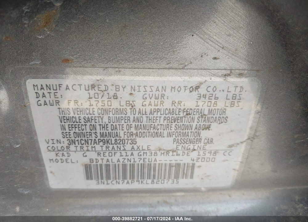 2019 NISSAN VERSA 1.6 S+ VIN: 3N1CN7AP9KL820735