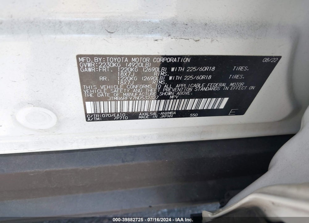 2022 TOYOTA RAV4 HYBRID XLE PREMIUM VIN: JTMB6RFV7ND532327
