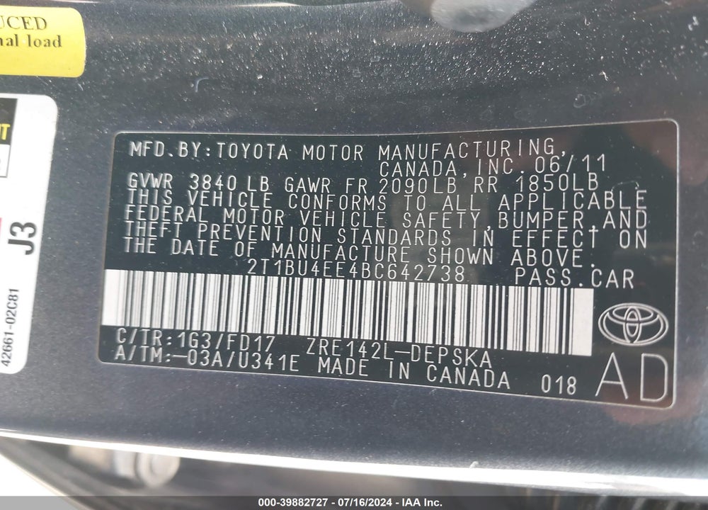 2011 TOYOTA COROLLA S VIN: 2T1BU4EE4BC642738