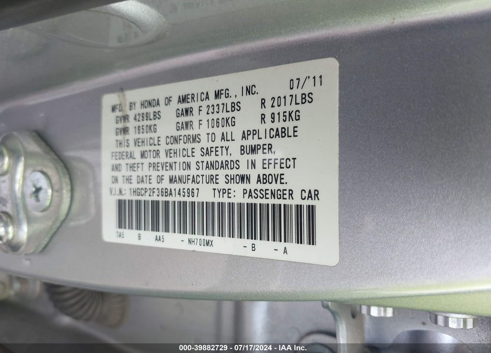 2011 HONDA ACCORD 2.4 LX VIN: 1HGCP2F36BA145967