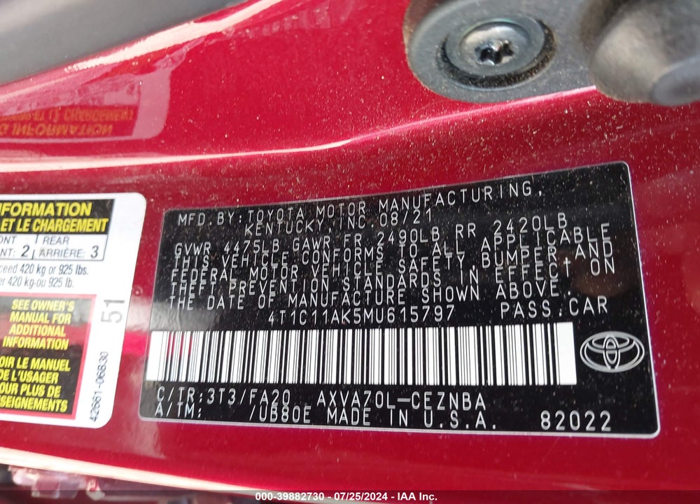 2021 TOYOTA CAMRY LE VIN: 4T1C11AK5MU615797